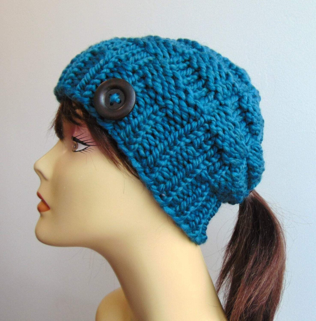 Chunky Knit Teal Blue Pony Tail Hat Beanie Ponytail Hole Crochet Hats 