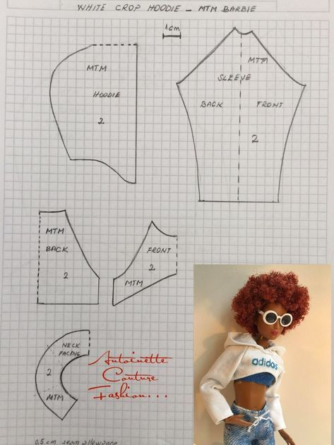 Fashion Dolls Couture Unlimited WHITE CROP HOODIE Barbie Sewing 
