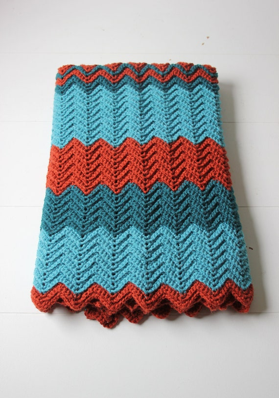 Teal And Rust Crochet Lap Blanket Afghan Chevron Pattern